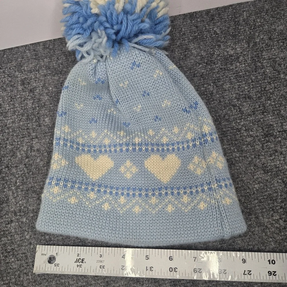 Smiley Woman's 100% Wool Winter Snow Hat Blue White‎ Pom Detail Beanie